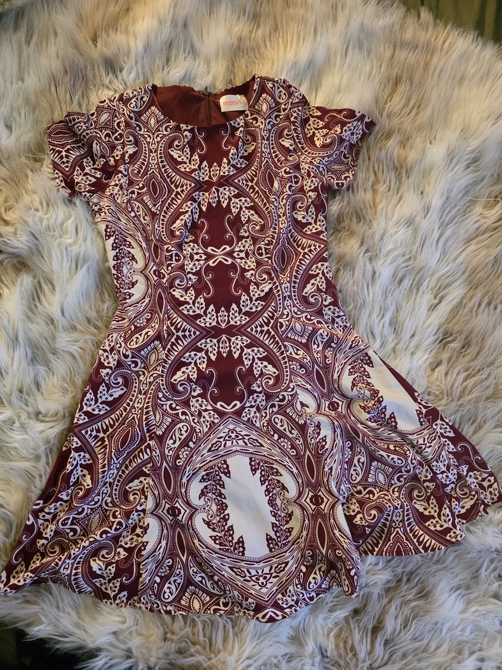 ModCloth Maroon and White Paisley Fit-and-Flare Dress